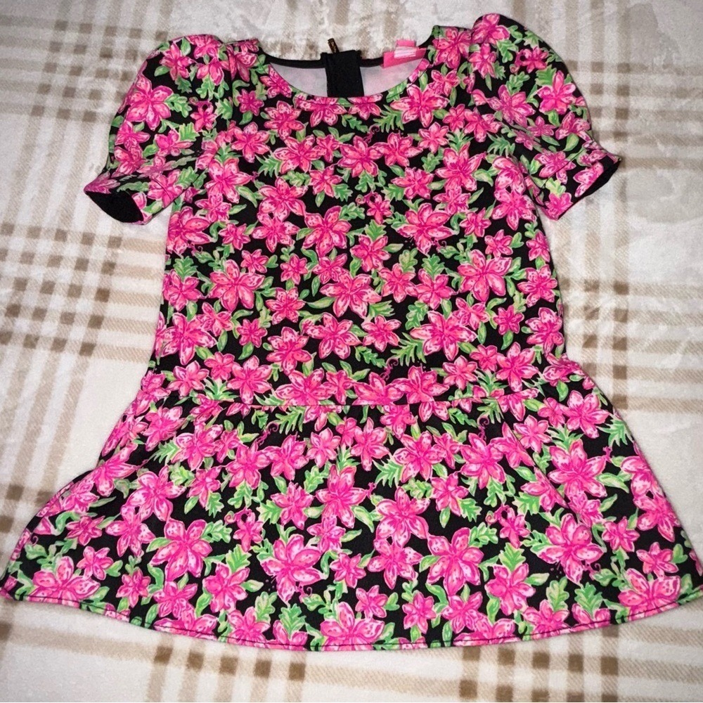 Lilly Pulitzer Girls Floral Drop Waist Dress Pink Green Black Short Sleeve XS